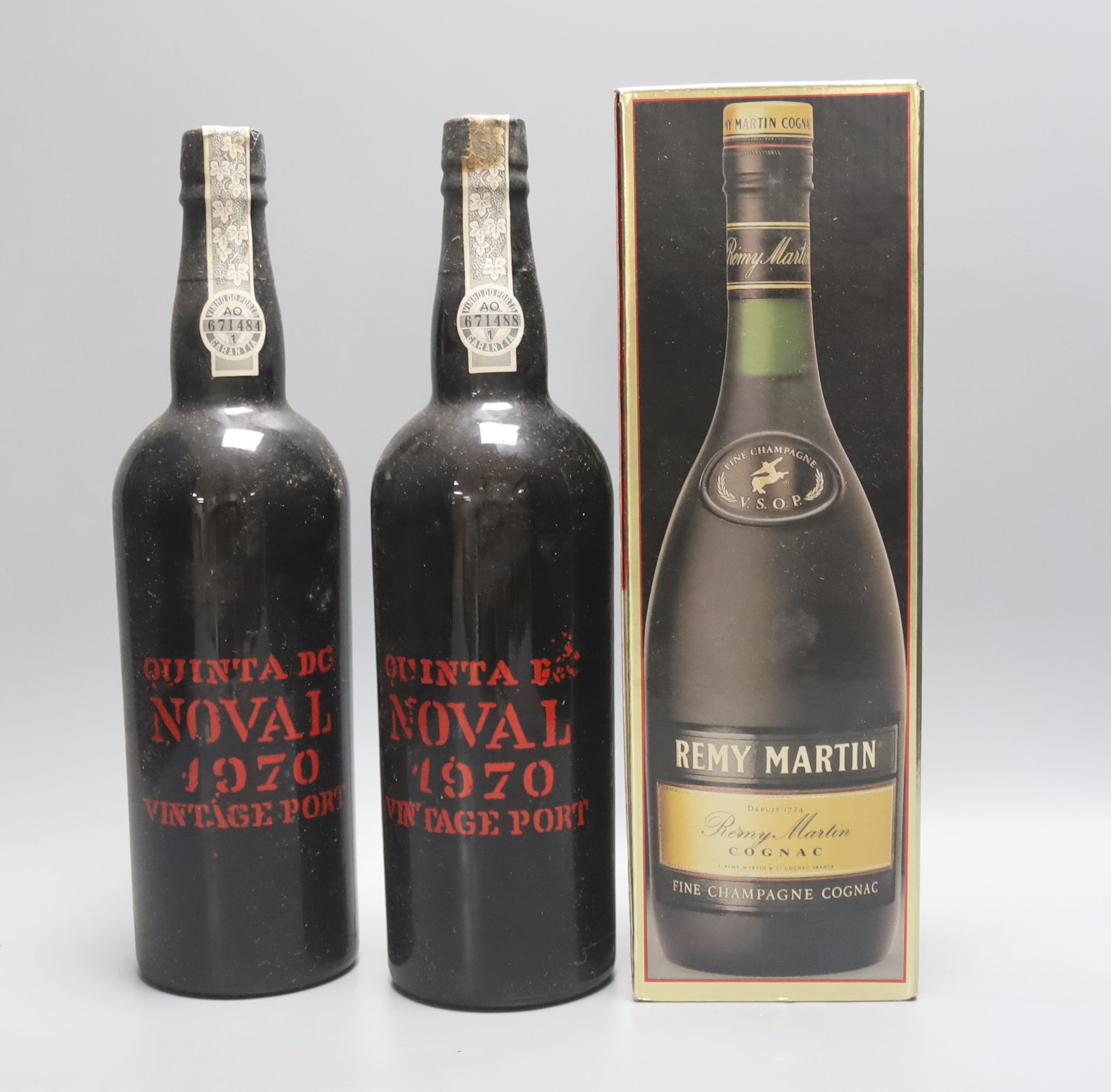 A group of assorterd wines and spirits comprising Quinta de Noval 1970 Vintage Port (3), Skeffington 1977 Vintage Port, Offley Boa Vista 1963 Vintage Port, Harveys Bristol Cream